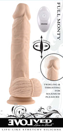 Evolved Full Monty vibrating dildo with remote showing thrusting and twirling actions for maximum pleasure.