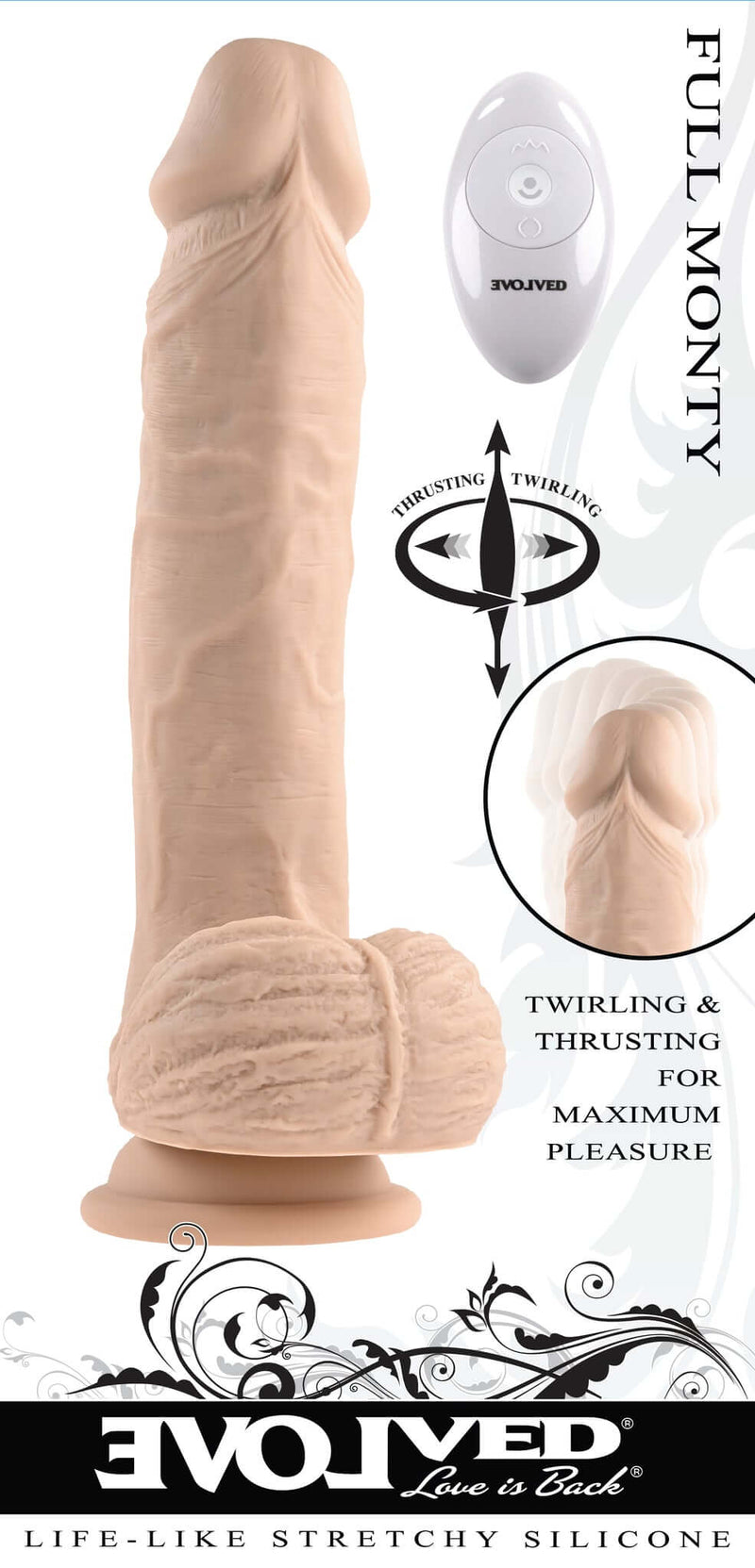 Evolved Full Monty vibrating dildo with remote showing thrusting and twirling actions for maximum pleasure.