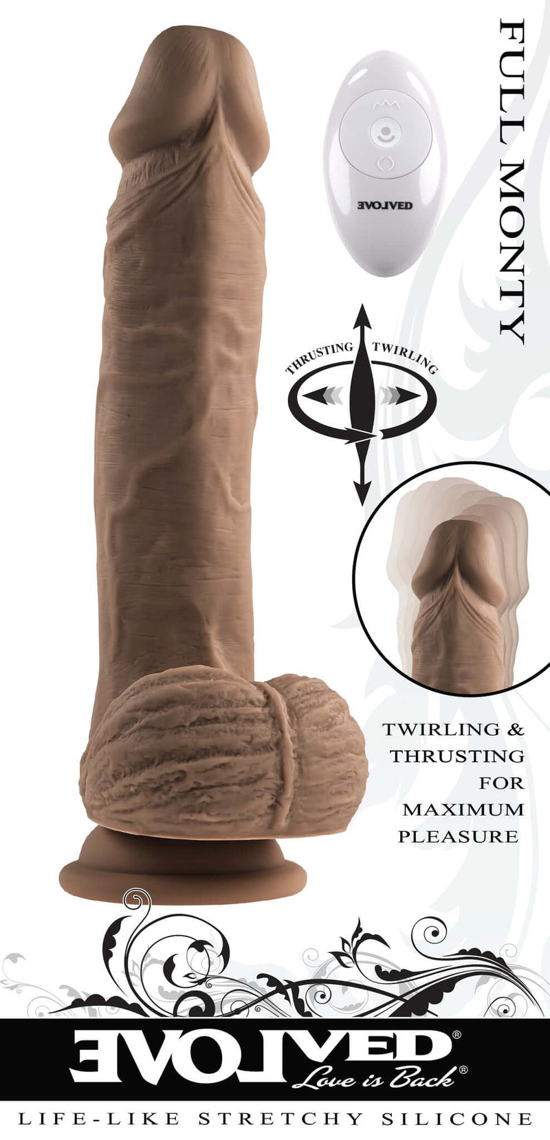 Evolved Full Monty Dark Skin Tone Dildo with Twirling and Thrusting Features for Maximum Pleasure