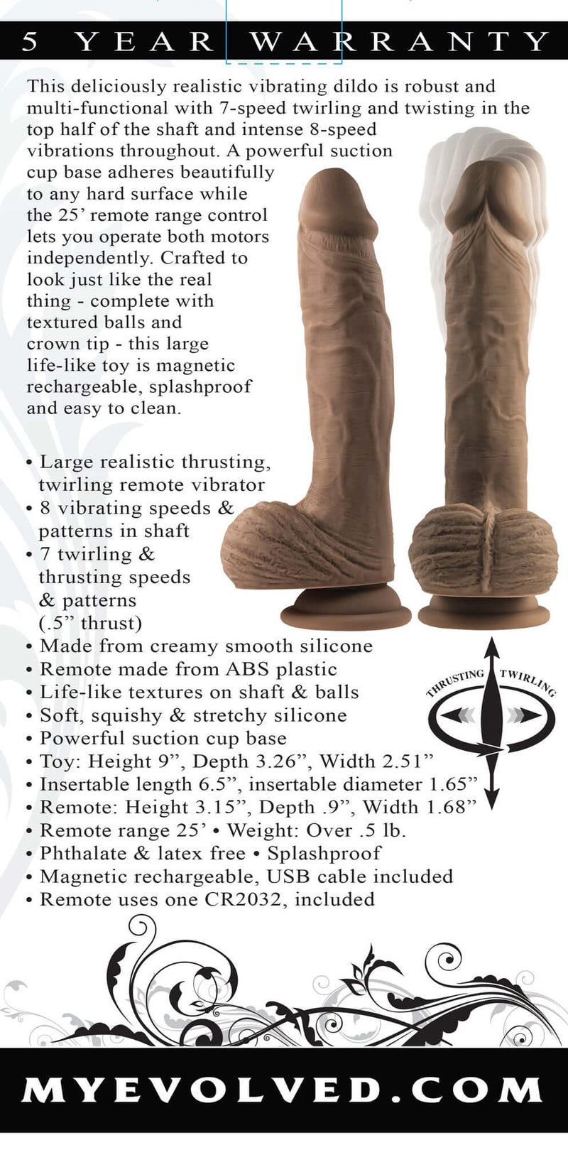 Evolved Full Monty Dark Skin Tone Dildo with 7-speed vibrating and thrusting features, realistic design, and remote control by Evolved Novelties