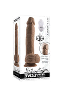 Evolved Full Monty Dark Skin Tone Dildo packaging showcasing realistic design and multifunctional features for intense sensations by Evolved Novelties.