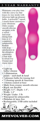 Evolved Afterglow Pink Light-Up Vibrator with 5-year warranty, featuring light-up shafts, USB rechargeable, waterproof, silicone material.