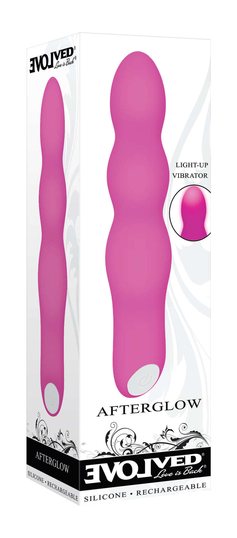 Evolved Afterglow Pink Light-Up Vibrator in its packaging displaying curvy design and light-up feature.