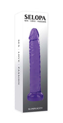 Selopa Slimplicity Purple Realistic Dildo packaging by Evolved Novelties featuring sleek and slender design for sensual experience.