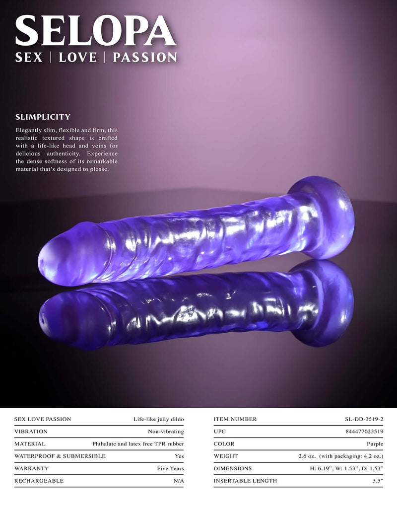 Selopa Slimplicity Purple Realistic Dildo by Evolved Novelties sleek sensual design on black reflective surface
