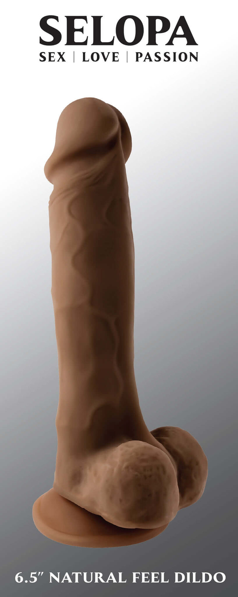 Evolved 6.5-Inch Natural Feel Dildo in Dark Skin Tone Brown from Selopa with lifelike design and dual-layered materials for realistic sensation.