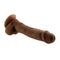 Evolved 6.5-Inch Natural Feel Dildo in dark skin tone brown with realistic texture and dual-layered materials for lifelike sensation.