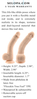 Selopa 7-Inch Natural Feel Flexskin Dildo with flexible metal rod and realistic TPE design for lifelike pleasure.