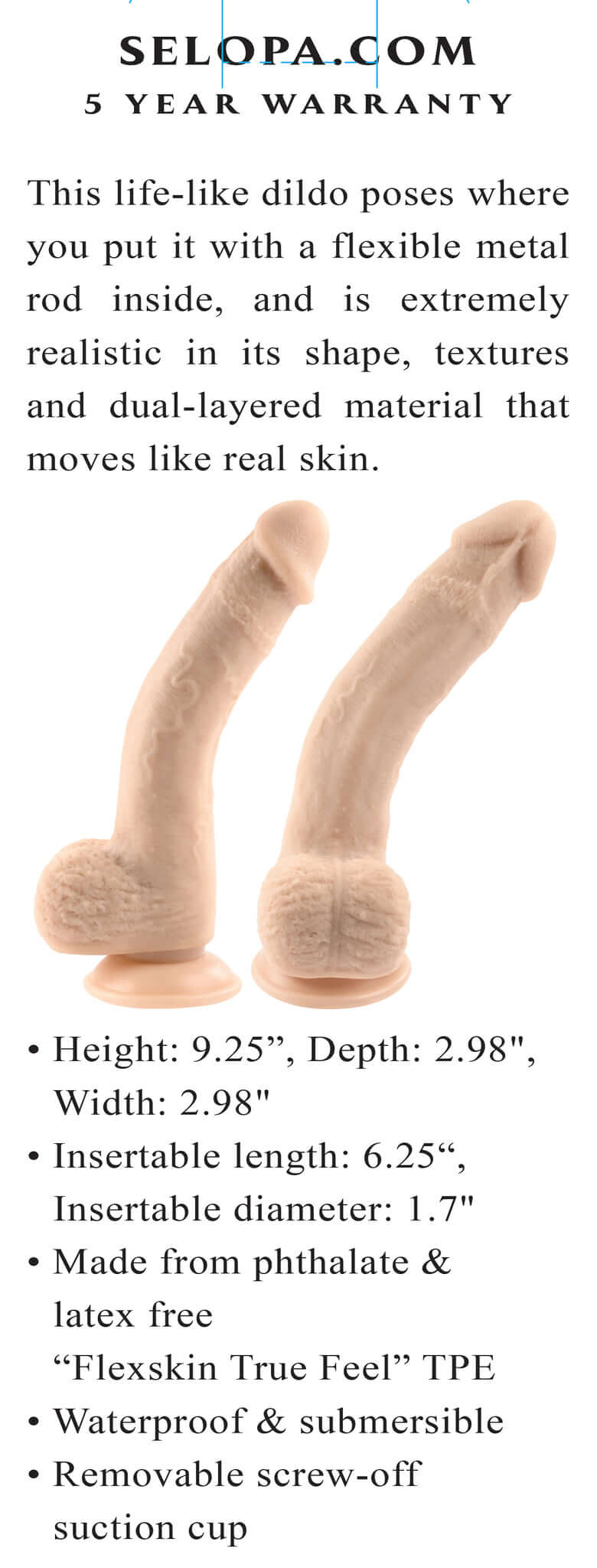 Selopa 7-Inch Natural Feel Flexskin Dildo with flexible metal rod and realistic TPE design for lifelike pleasure.
