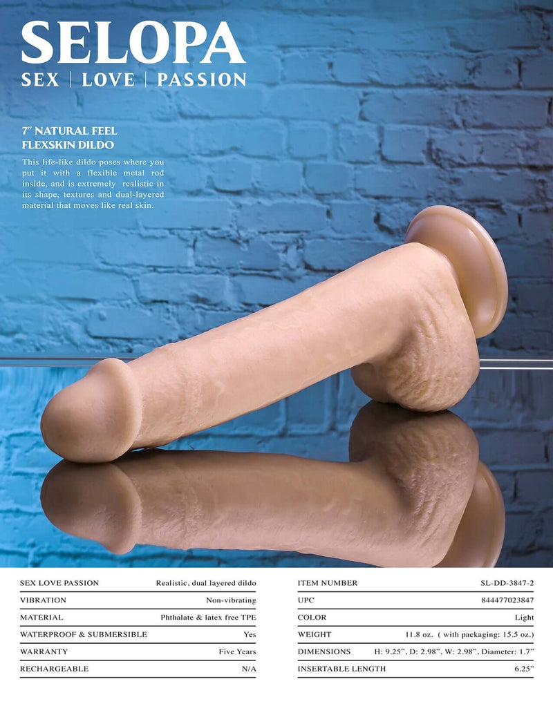 Selopa 7-Inch Natural Feel Flexskin Dildo - Flexible, Realistic TPE Dildo with Suction Cup Base