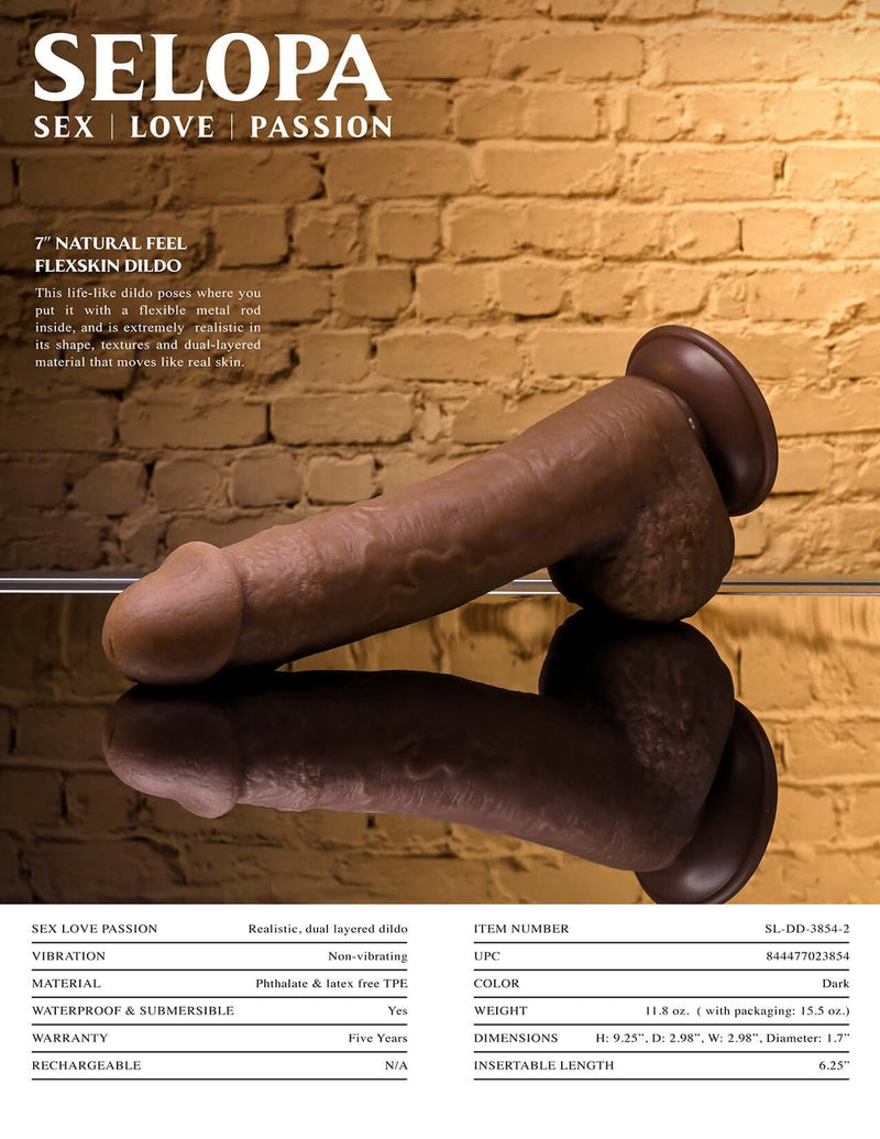 Selopa 7-Inch Natural Feel Flexskin Dildo in Dark Skin Tone - Realistic, Flexible TPE Dildo with Textures and Dual-Layered Material