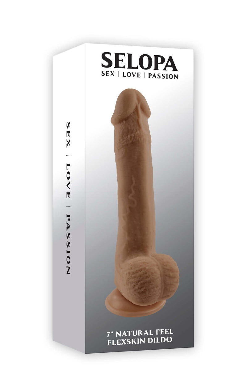 Selopa 7-Inch Natural Feel Flexskin Dildo in dark skin tone, Flexskin Dildo packaging from Evolved Novelties
