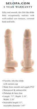 Selopa 6-Inch light skin dildo with realistic vein textures, crowned head, and balls, flexible with suction cup, phthalate and latex free.