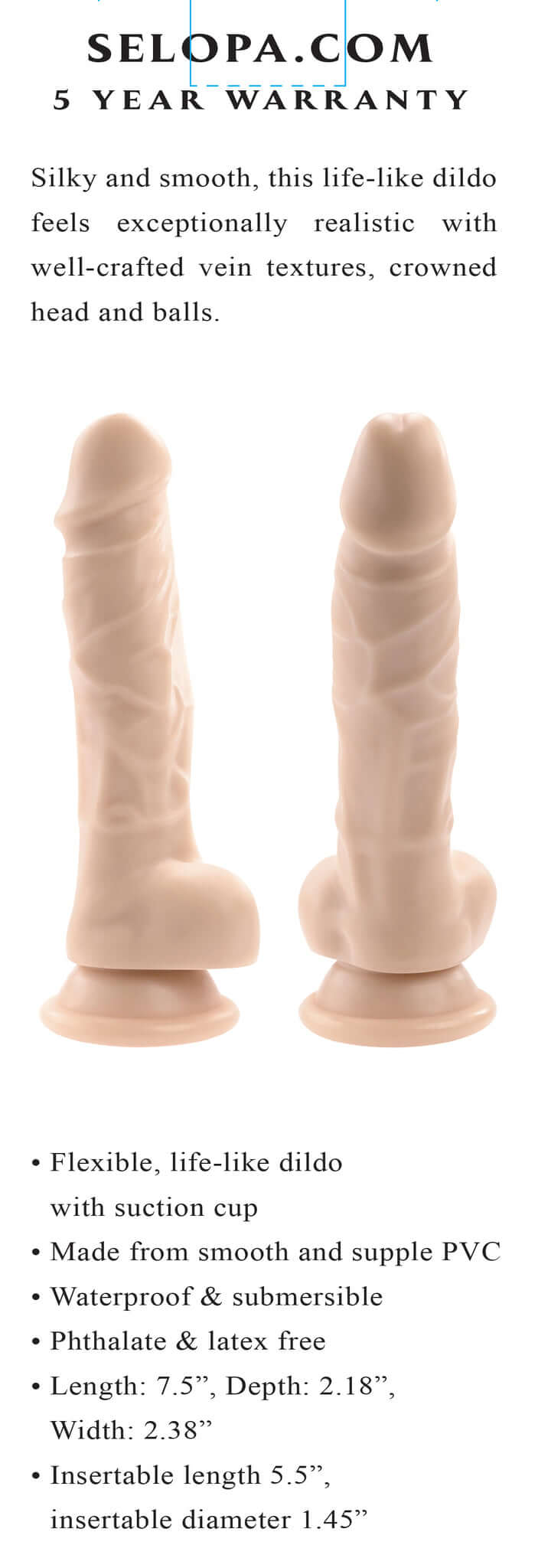 Selopa 6-Inch light skin dildo with realistic vein textures, crowned head, and balls, flexible with suction cup, phthalate and latex free.