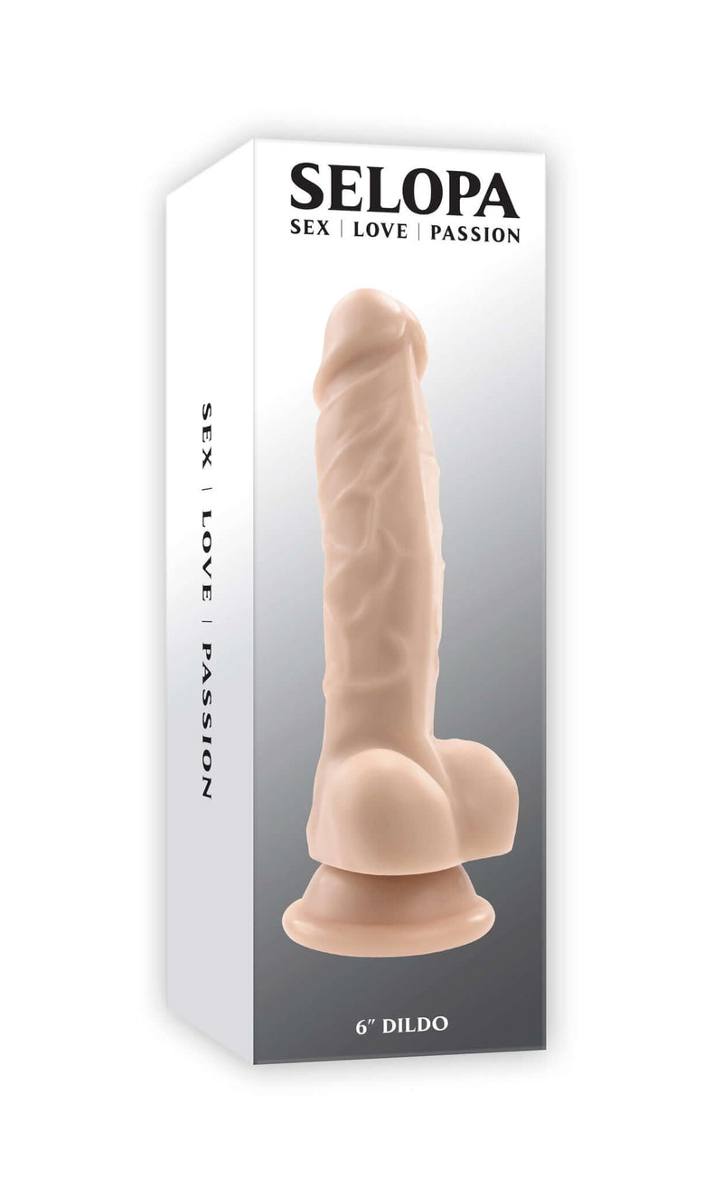 Selopa 6-Inch Light Skin Dildo in packaging, Evolved Novelties realistic pleasure delight