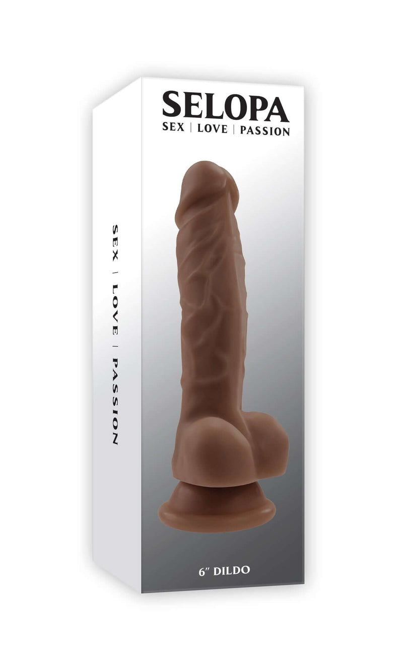 Selopa 6-Inch Dark Skin Dildo with Realistic Texture and Suction Cup Base in Packaging