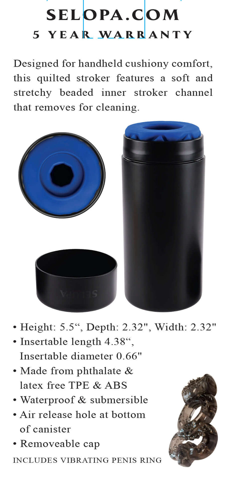 Evolved Novelties Selopa 'Hide and Seek' Hand-Held Stroker with Quilted Design and Vibrating Penis Ring.