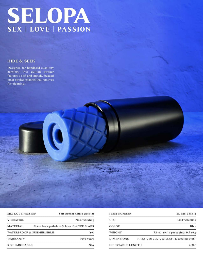 Selopa Love Passion Hide and Seek quilted hand-held stroker with vibrating ring by Evolved Novelties, blue sex toy on display