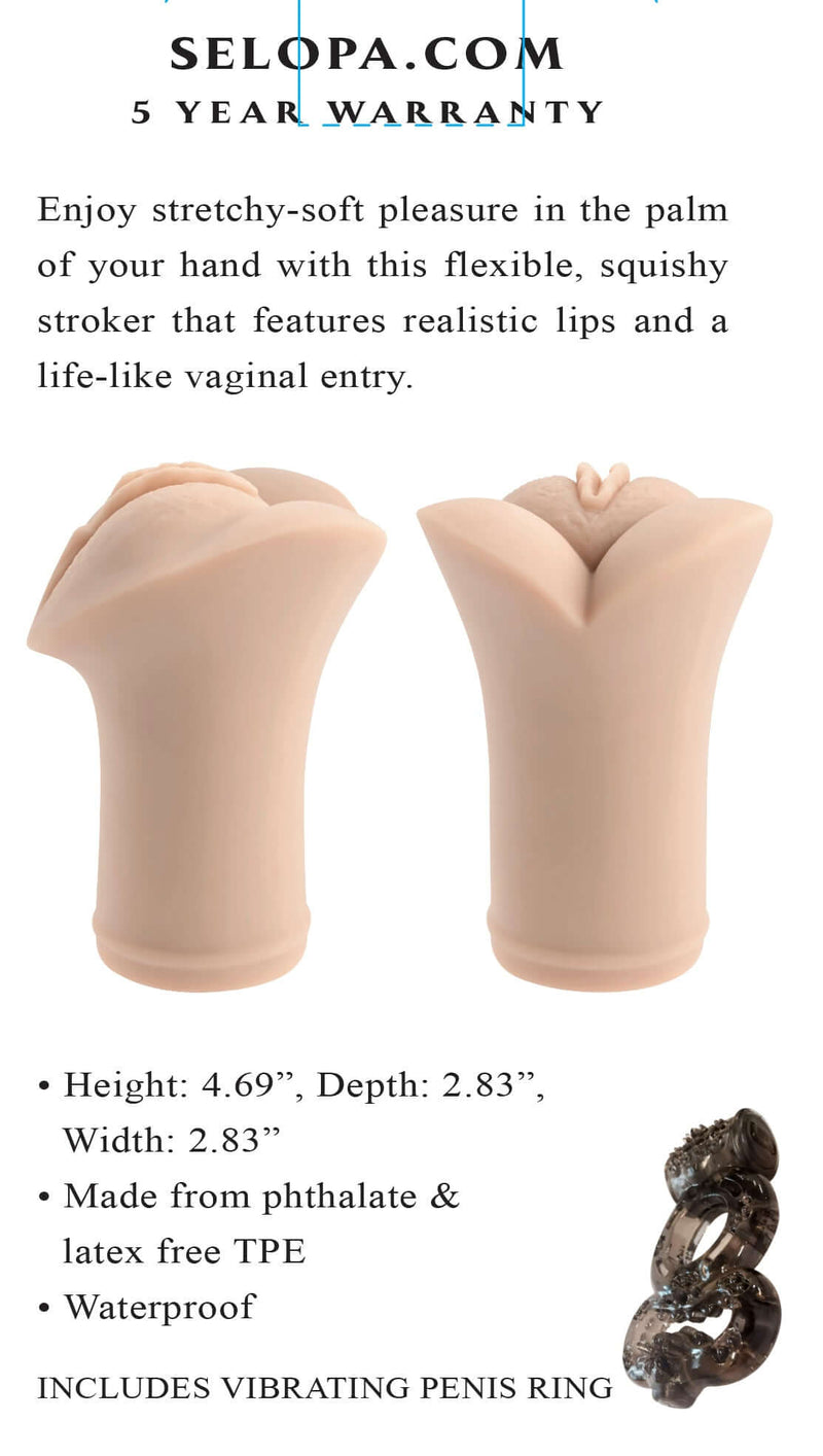 Evolved Novelties Selopa Pocket Pleaser Light with realistic lips, lifelike vaginal entry, and vibrating penis ring in beige color.