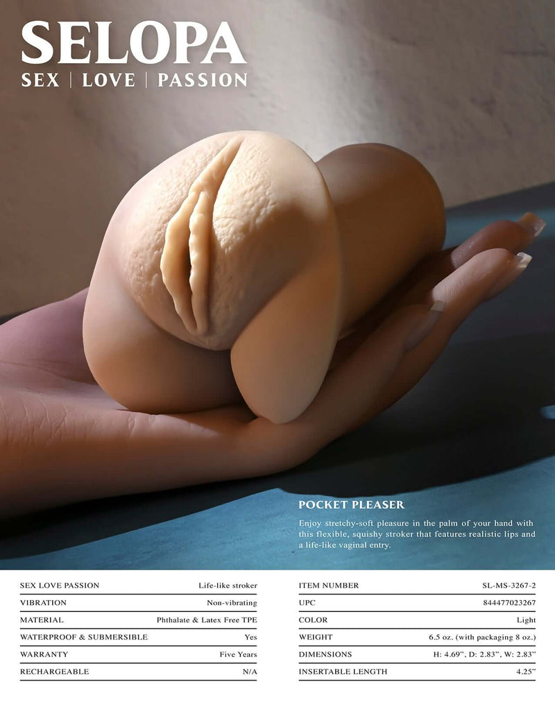Evolved Novelties Selopa Pocket Pleaser Light, stretchy stroker with lifelike vaginal entry and penis ring, made from phthalate-free TPE for safe use