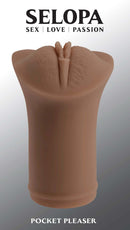 Evolved Selopa Pocket Pleaser Dark realistic masturbator with lifelike vaginal entry and flexible design.
