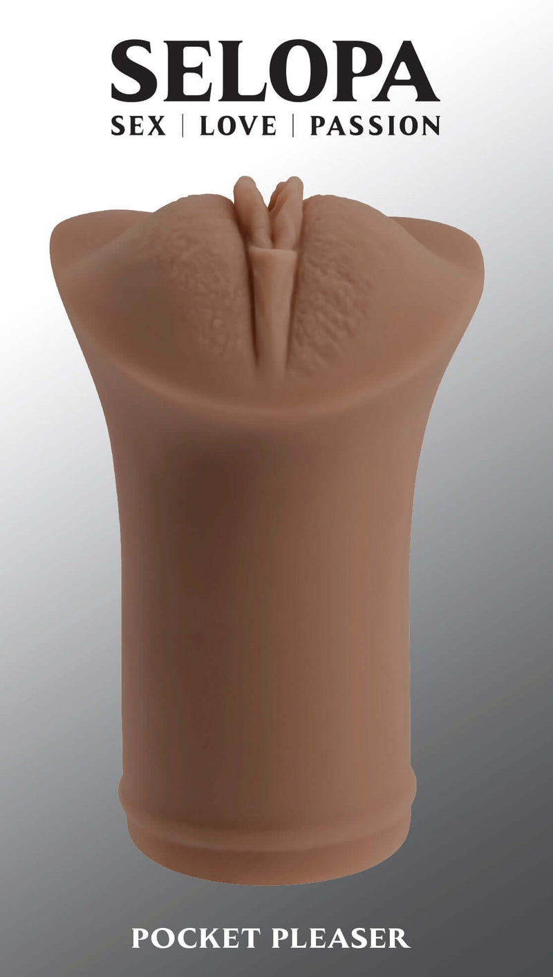 Evolved Selopa Pocket Pleaser Dark realistic masturbator with lifelike vaginal entry and flexible design.