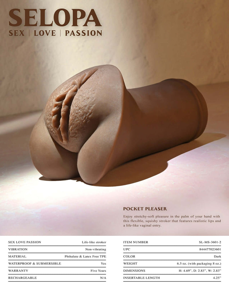 Evolved Selopa Pocket Pleaser Dark Realistic Masturbator with Penis Ring