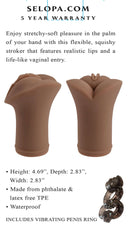 Evolved Selopa Pocket Pleaser Dark with realistic lips, lifelike vaginal entry, and penis ring package for ultimate pleasure.
