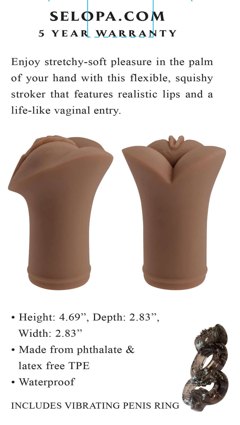 Evolved Selopa Pocket Pleaser Dark with realistic lips, lifelike vaginal entry, and penis ring package for ultimate pleasure.