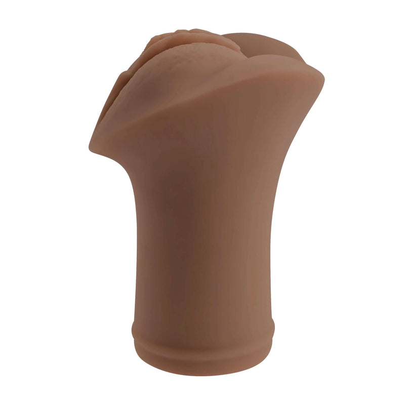 Evolved Selopa Pocket Pleaser Dark, flexible stroker with realistic vaginal entry, enhancing pleasure and performance with included penis ring