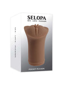Evolved Selopa Pocket Pleaser Dark packaging with realistic vaginal entry and performance-enhancing penis ring