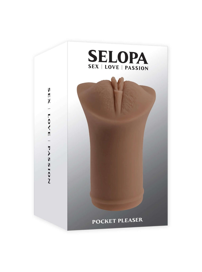 Evolved Selopa Pocket Pleaser Dark packaging with realistic vaginal entry and performance-enhancing penis ring