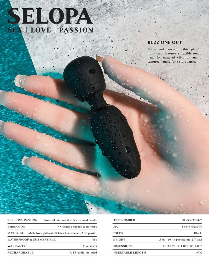Black Selopa Buzz One Out Massager in hand with water droplets, featuring flexible round head and textured handle for intimate pleasure.