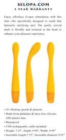 Selopa Lemon Squeeze Slim G-Spot Vibrator in yellow with flexible, textured shaft, featuring 10 speeds, waterproof, USB rechargeable, phthalate-free