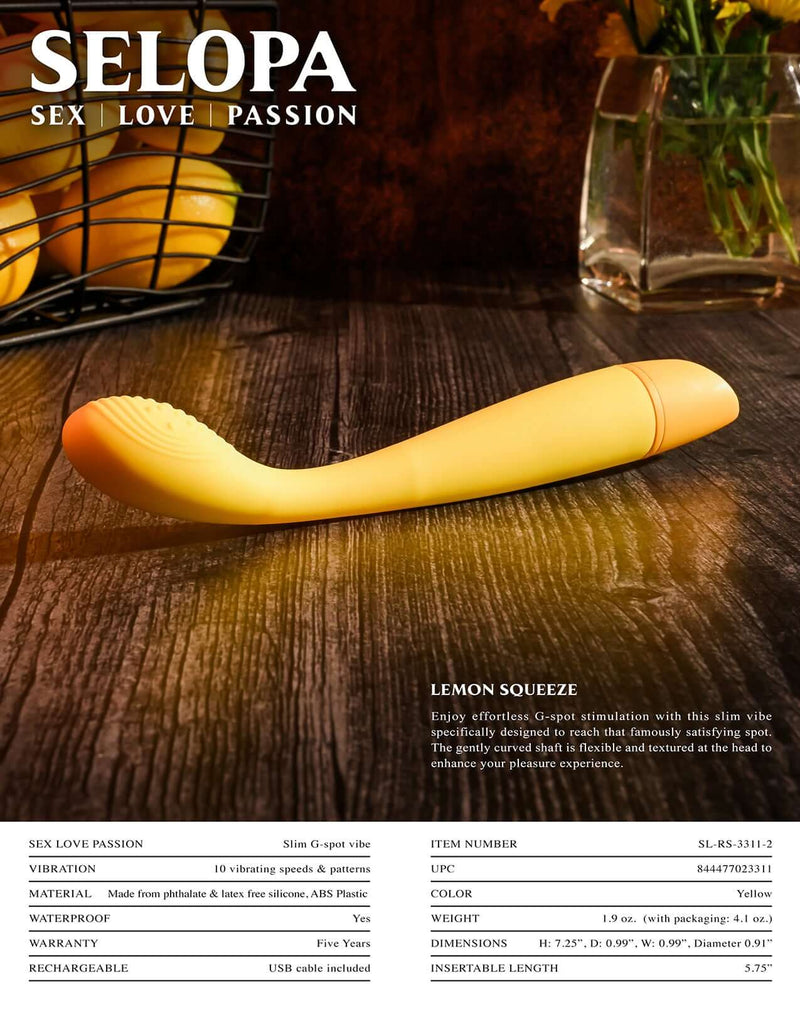Selopa Love, Sex, Passion Lemon Squeeze Slim G-Spot Vibrator on wooden surface with lemons in the background