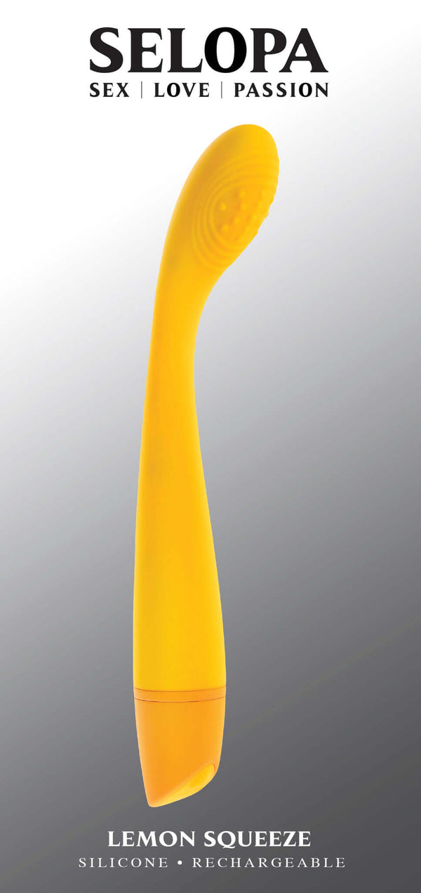 Selopa Lemon Squeeze Slim G-Spot Vibrator for Precise Pleasure, featuring a curved, flexible shaft and textured head in vibrant yellow.