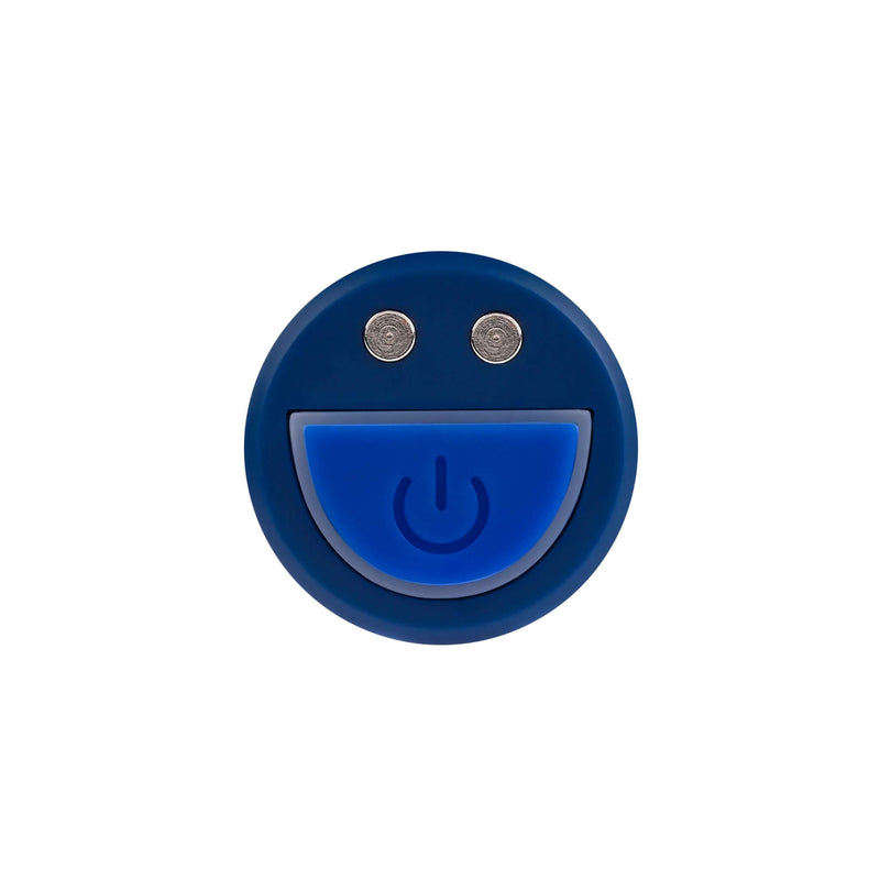 Smiling blue face with power button on mini rechargeable bullet vibrator