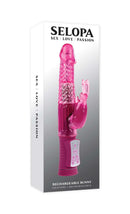 Selopa Rechargeable Bunny Vibrator packaging showcasing slim, powerful dual pleasure design in vibrant pink color.
