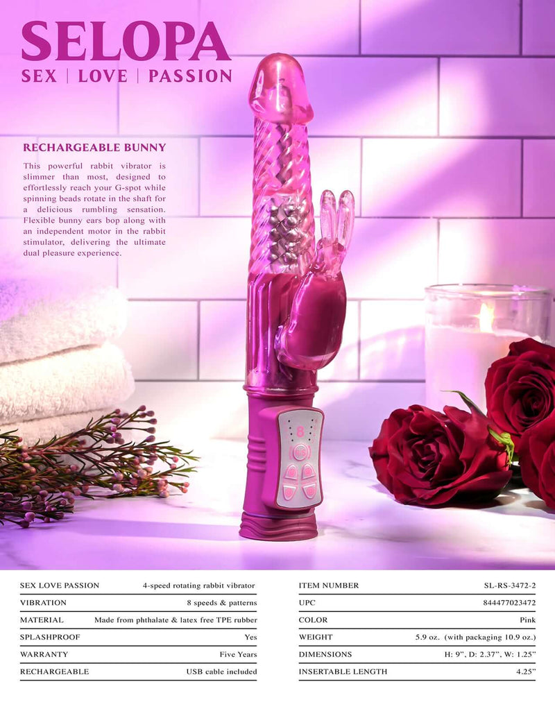 Selopa Rechargeable Bunny Vibrator with Spinning Beads for G-Spot Stimulation, Slim and Powerful Design - Evolved Novelties