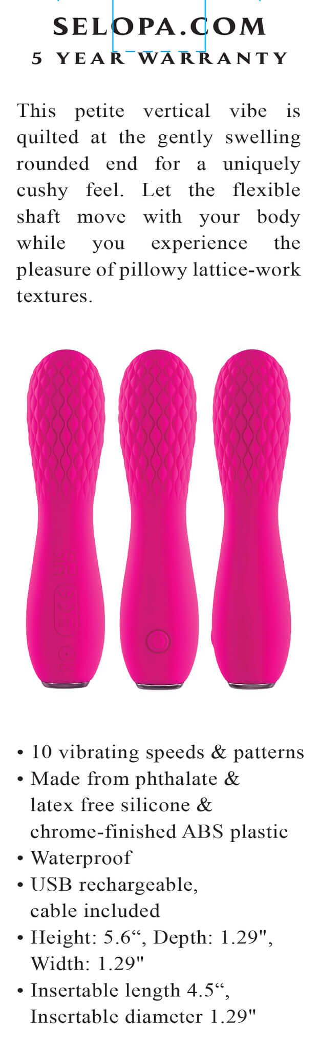 Selopa Razzle Dazzle Pink Vibrator with quilted texture and flexible shaft from Evolved Novelties, waterproof and rechargeable.