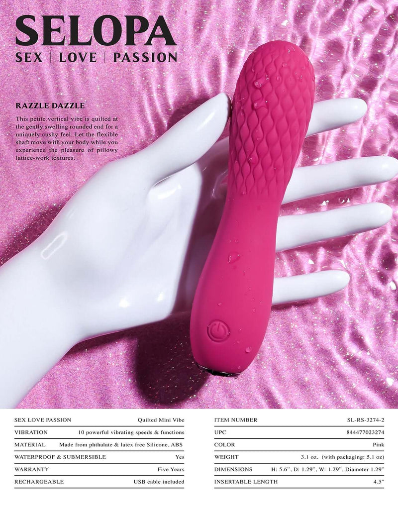 Selopa Razzle Dazzle Pink Vibrator featuring quilted textures on a white mannequin hand with a pink sparkling background