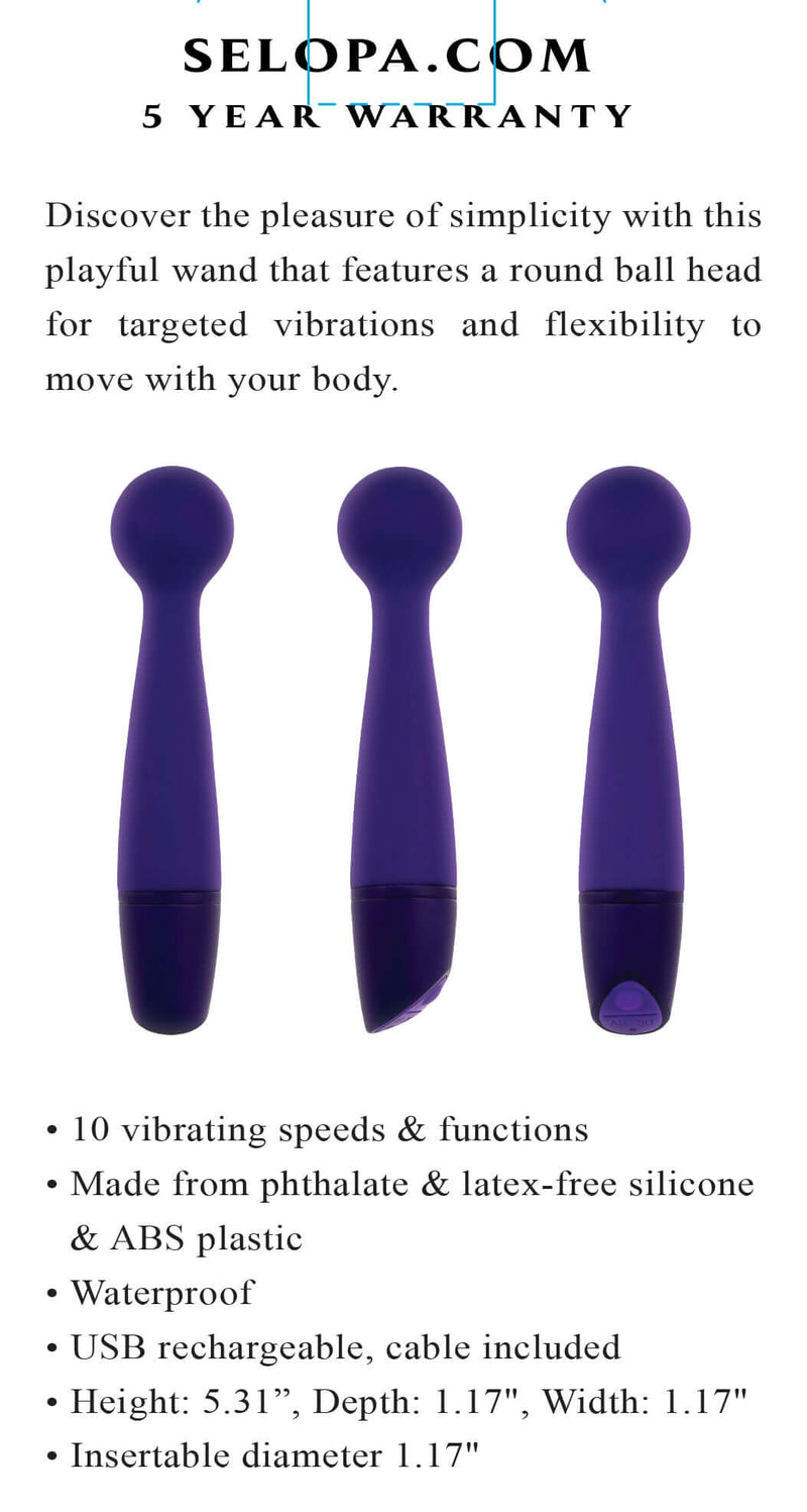 Selopa Love, Sex, Passion Gumball Wand Vibrator with round ball head and flexible slim design for targeted pleasure, featuring 10 vibrating speeds.