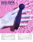 Selopa Love, Sex, Passion Gumball Wand Vibrator with purple round head on a white hand background.