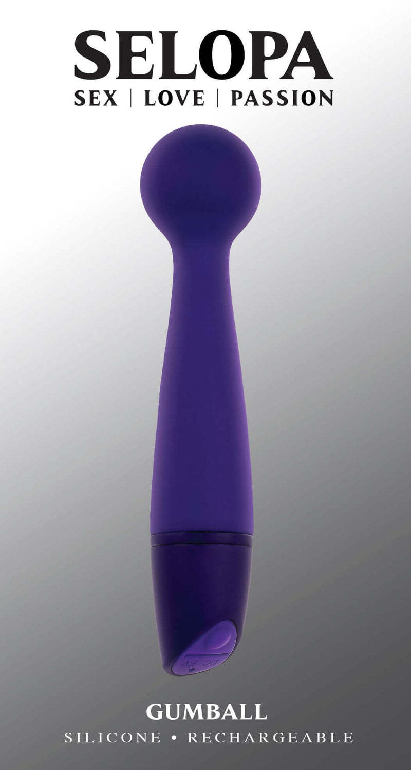 Selopa Love, Sex, Passion Gumball Wand Vibrator in Purple with a round head and flexible design for targeted pleasure and comfort.