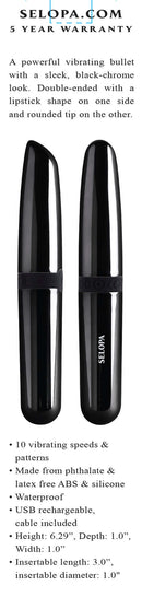 Dual-ended Selopa Buzz Buddy bullet vibrator with black chrome finish, lipstick-shaped tip, and rounded tip - 10 speeds and waterproof.