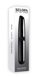Selopa Buzz Buddy dual-ended bullet vibrator by Evolved Novelties with chic black chrome finish in original packaging