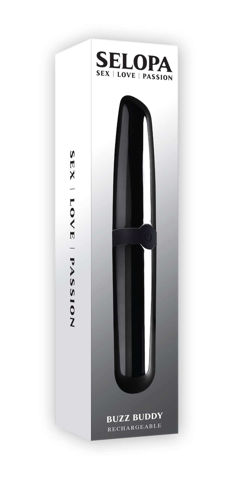 Selopa Buzz Buddy dual-ended bullet vibrator by Evolved Novelties with chic black chrome finish in original packaging