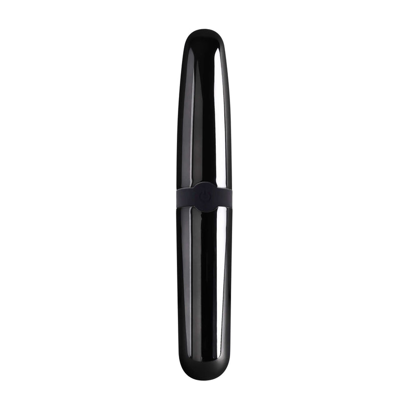 Selopa Buzz Buddy dual-ended bullet vibrator with black chrome finish, featuring lipstick-shaped and rounded tips for versatile pleasure