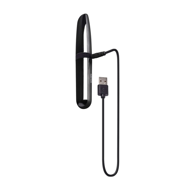 Selopa Buzz Buddy Dual-Ended Bullet Vibrator in black chrome finish with USB charging cable