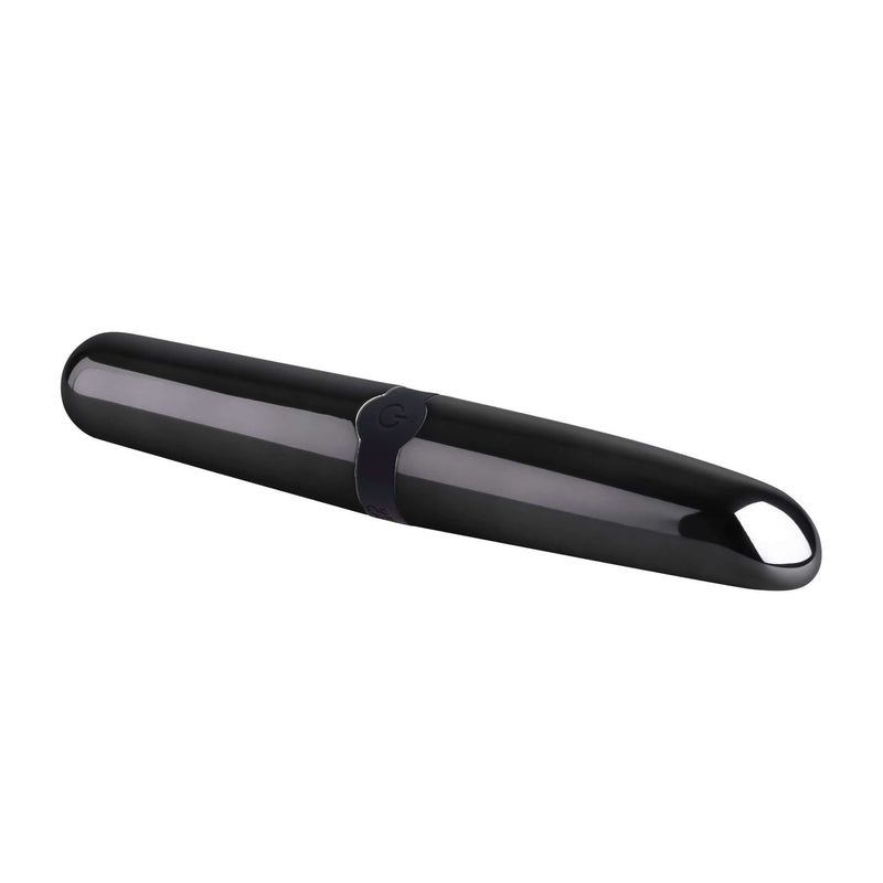 Sleek black chrome dual-ended bullet vibrator with lipstick-shaped and rounded tips by Selopa Buzz Buddy